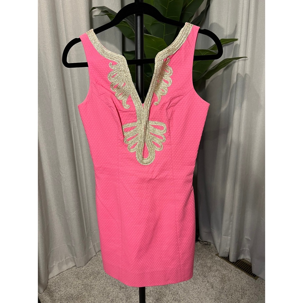 Lilly Pulitzer Pink Pique Shift Dress Gold Soutache Metallic Trim Womens Size 0